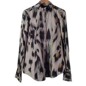 L.A.M.B 100% Silk Gwen Stefani Leopard Print Long Sleeve Button Front Blouse Top